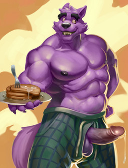 abs anthro areola balls balls_through_fly belly biceps big_muscles black_nipples bodily_fluids bottomwear brown_eyes claws clothed clothing cum cum_on_food cutlery erection eyebrows fluffy fluffy_tail food food_fetish food_play foreskin fork front_view genital_fluids genitals green_bottomwear green_clothing holding_object humanoid_genitalia humanoid_penis kitchen_utensils looking_back male male_anthro musclegut muscular muscular_anthro muscular_arms muscular_male navel nipples open_bottomwear open_clothing open_mouth open_pants open_smile pancake pants partially_exposed_penis pecs penis penis_poking_out penis_through_fly plaid plate precum presenting purple_balls purple_body purple_claws purple_nipples purple_penis purple_skin purple_tail retracted_foreskin sharp_teeth simple_background slightly_chubby slightly_chubby_male smile solo standing tail teeth tools topless triceps underwear vein veiny_penis alpha0 cartoon_network mythology ok_k.o.!_let's_be_heroes bernard_(ok_k.o.!_lbh) canid canine canis mammal mythological_canine mythological_creature werecanid werecanine werecreature werewolf wolf 2017 hi_res