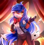 anthro black_nose blue_hair bottomwear bow_(feature) bow_tie bracelet card clothed clothing female front_view gloves hair handwear holding_object jewelry long_hair looking_at_viewer open_mouth pants playing_card shirt smile solo standing suspenders topwear yellow_eyes young coff felid mammal 2016 hi_res