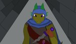 alley anthro clothing dagger frill_(anatomy) gloves green_body green_scales handwear holding_dagger holding_melee_weapon holding_object holding_weapon hood horn male melee_weapon purple_eyes scales solo wall_(structure) weapon echsrick kobold reptile scalie