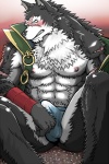 abs anthro armor bandage belt biceps biped blush bulge chest_tuft clothed clothing erection fur genitals grey_body grey_fur male muscular muscular_anthro muscular_male nipples pecs penis pose scar sitting solo topless tuft underwear white_body white_fur dudedle kurono_rokurou sega shining_(sega) shining_tears shining_wind rouen_(shining) canid canine canis mammal wolf 2:3