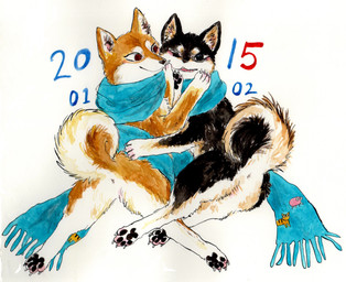 ambiguous_gender anus black_body black_fur blush butt duo feral fur lying pawpads paws scarf simple_background smile tail white_background kyokyota canid canine canis domestic_dog mammal shiba_inu spitz 2015 absurd_res hi_res traditional_media_(artwork)