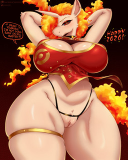 1_horn anthro asian_clothing big_breasts blush blush_lines breasts chinese_clothing chinese_dress choker cleavage_cutout clothing crotch_tuft crotchless_clothing crotchless_panties crotchless_underwear cutout dialogue dress ear_piercing ear_ring east_asian_clothing eyebrows eyelashes eyeshadow female female_anthro fire flaming_hair flaming_tail fur genitals glistening_eyelids hands_behind_head holidays horn huge_breasts jewelry long_eyelashes looking_at_viewer makeup master necklace panties piercing pseudo_hair red_clothing red_eyes red_eyeshadow ring_piercing simple_background solo speech_bubble squish tail tan_body tan_fur tan_vulva text thick_thighs thigh_ring thigh_squish thighlet tuft underwear vulva wide_hips gammainks chinese_new_year chinese_zodiac new_year new_year_2026 nintendo pokemon generation_1_pokemon pokemon_(species) rapidash 2026 4:5 absurd_res artist_name digital_media_(artwork) english_text hi_res