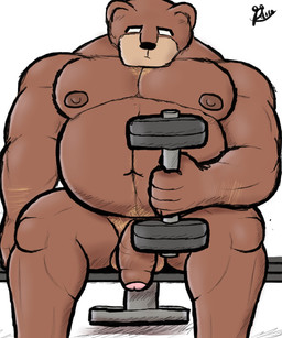 anthro balls barazoku brown_body brown_fur dumbbell exercise foreskin fur genitals humanoid_genitalia humanoid_penis male musclegut muscular muscular_male nude_workout overweight overweight_male penis slightly_chubby slightly_chubby_male solo weightlifting weights workout alanottaviano bear brown_bear grizzly_bear mammal ursine 5:6 hi_res