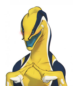 anthro blue_body blue_eyes blush front_view glistening glistening_eyes male male_anthro markings nude open_mouth sharp_teeth simple_background solo teeth white_background white_markings yellow_body lostgoose aquatic eel fish moray_eel 2024 bust_portrait dated hi_res portrait signature