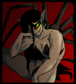 black_border border breasts dotted_background ear_piercing ear_ring female green_eyes hand_on_cheek humanoid_pointy_ears looking_at_viewer muscular muscular_female pattern_background piercing pointy_ears red_sclera ring_piercing simple_background smile solo twistingtoxic animal_humanoid arachnid arachnid_humanoid arthropod arthropod_humanoid humanoid spider_humanoid