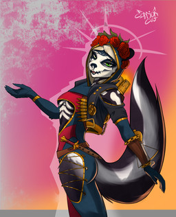 5_fingers ammunition anthro black_body breasts clothing explosives female fingers flower front_view gold_(metal) gradient_background green_eyes grenade holidays hoodie jacket leather leather_clothing leather_jacket leather_topwear looking_at_viewer paint plant simple_background solo standing topwear under_boob weapon carrioncat combat_cat_studio day_of_the_dead wild_assault marquez_(wild_assault) mammal mephitid skunk hi_res