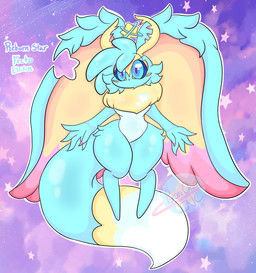 aged_up alternate_form ambiguous_gender anthro anthrofied antlers blue_eyes blue_pupils blue_sclera blush blush_stickers chest_tuft countershading digitigrade dipstick_tail featureless_crotch fluffy fluffy_tail front_view fur glistening glistening_body glistening_fur head_tuft head_wings heart_symbol horn huge_wings levitation looking_at_viewer markings multicolored_body multicolored_eyes multicolored_fur neck_tuft night notched_ear nude pink_eyes pupils semi-anthro sky solo star star_(marking) starry_sky tail tail_markings tan_body tan_fur teal_body teal_fur text tuft unusual_wing_placement wide_hips wings lewdchuu kirby_(series) kirby_and_the_forgotten_land nintendo elfilin alien chinchilla chinchillid mammal rodent starling_(kirby) 2025 digital_drawing_(artwork) digital_media_(artwork) english_text full-length_portrait hi_res portrait watermark male_(lore)