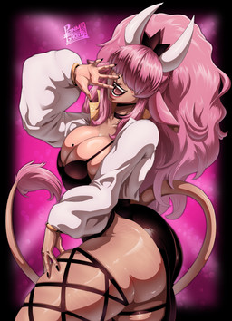 5_fingers anthro big_breasts black_border black_nails border breasts choker cleavage clothed clothing colored_nails cow_ears crown dress fangs female fingers hair hair_over_eyes headgear horn jacket jewelry lips long_hair long_horn markings mole_(marking) mole_on_breast nails necklace open_mouth pink_background pink_hair pink_lips pose simple_background skindentation solo tail tail_tuft teeth thick_thighs topwear tuft wide_hips pltnm06ghost jessie_(dusia) animal_humanoid bovid bovid_humanoid bovine bovine_humanoid cattle_humanoid humanoid mammal mammal_humanoid 2025 absurd_res hi_res signature