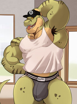 anthro armpit_hair big_muscles body_hair bulge chest_hair clothing countershade_face countershade_torso countershading detailed_bulge green_body hand_behind_back hand_behind_head hat headgear headwear jockstrap looking_at_viewer male muscular nipple_outline raised_arm shirt solo stubble tank_top teeth tongue tongue_out topwear underwear white_clothing white_shirt white_tank_top white_topwear darknaigart jace_(darknaig) dinosaur prehistoric_species reptile saurischian scalie theropod tyrannosaurid tyrannosauroid tyrannosaurus tyrannosaurus_rex 2025 hi_res