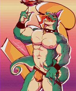 anthro ball basketball_(ball) biceps bulge clothing clothing_pull collar detailed_bulge facial_piercing green_body green_scales head_spikes jockstrap jockstrap_pull looking_at_viewer male mouth_piercing multicolored_claws muscular muscular_anthro muscular_male neck_piercing nipples nose_piercing pecs piercing purple_spikes roarball_(ball) scales solo spikes spikes_(anatomy) spinning_ball studded_collar studs tail tongue tongue_out tongue_piercing underwear underwear_pull yellow_sclera liondangerous goat_(movie) sony_corporation sony_pictures modo_olachenko komodo_dragon lizard monitor_lizard reptile scalie 2026 digital_media_(artwork) film_grain