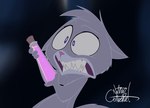 anthro bared_teeth biped black_background female fluffy fluffy_tail fur grey_body grey_fur naturally_censored nude open_mouth potion pupils purple_eyes semi-anthro sharp_teeth simple_background solo standing tail teeth text vial whiskers white_pupils white_text wide_eyed silentjack disney the_emperor's_new_groove yzma domestic_cat felid feline felis mammal 2023 artist_name colored digital_drawing_(artwork) digital_media_(artwork) hi_res signature