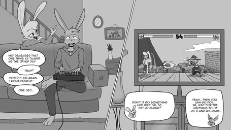 anthro bandage baseball_bat bat_(object) brick_wall clothing controller dialogue duo electronics eyewear female fighting_game fighting_game_ui fire fireball furniture gameplay_mechanics gaming glasses gui hat headgear headwear health_bar hoodie magic_user male picture_frame playing_video_game school_uniform shoulderless_topwear sofa speech_bubble staff television text topwear uniform vase wall_(structure) wizard_hat agidyne alice_(hitsuji) pepper_(hitsuji) rose_(agidyne) stephen's_mom_(agidyne) stephen_(agidyne) alpaca camelid lagomorph mammal 16:9 4k absurd_res comic greyscale hi_res monochrome widescreen