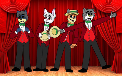 anthro barbershop_quartet blue_body blue_eyes blue_fur bottomwear bow_(feature) bow_tie clothing fur green_eyes grey_body grey_fur group hat headgear headwear jacket male music orange_body orange_fur pants red_eyes shirt smile stage topwear vest white_body white_fur mcfly0crash canid canine canis fox lagomorph leporid mammal rabbit wolf 16:10 digital_media_(artwork) widescreen