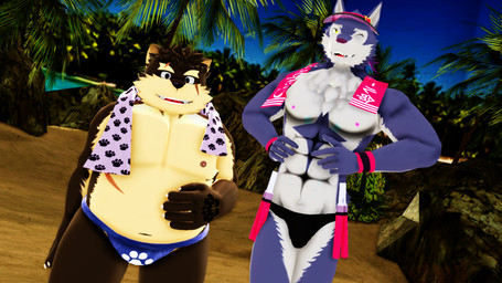 anthro beach clothed clothing duo kemono looking_at_viewer male muscular muscular_male navel nipples open_mouth sand scar seaside slightly_chubby smile speedo standing swimwear topless towel towel_around_neck malicekira lifewonders tokyo_afterschool_summoners hati_(tas) moritaka_(tas) canid canine canis domestic_dog mammal wolf 16:9 2018 3d_(artwork) digital_media_(artwork) widescreen