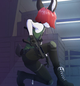 anthro belt boots bottomwear box clothed clothing combat_boots combat_knife container crate female fluorescent_light fmg footwear fur gloves grey_ears grey_tail gun hair handwear holding_object holding_ranged_weapon holding_weapon inside knee_pads kneeling knife looking_away low-angle_view on_one_knee pants ranged_weapon red_hair shirt shoes short_hair sleeveless_shirt slim solo submachine_gun tail tank_top topwear weapon white_body white_fur kosatich fmg9 elisa_(kosatich) lagomorph leporid mammal rabbit 2022 absurd_res digital_media_(artwork) hi_res