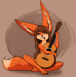 anthro ear_piercing ear_ring feet female fingers fur guitar hair half-closed_eyes holding_guitar holding_musical_instrument holding_object looking_at_viewer musical_instrument narrowed_eyes piercing pipe pipe_in_mouth plucked_string_instrument ring_piercing simple_background sitting smoking smoking_pipe solo string_instrument tail toes el-gallo canid canine canis fennec_fox fox mammal true_fox digital_media_(artwork) hi_res