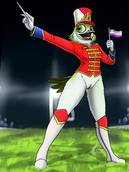 anthro asexual_pride_colors boots bottomless casual_exposure clothed clothing conducting_baton conductor confident confident_female female football_field footwear formal_wear genitals gloves handwear hat headgear headwear knee_highs legwear lgbt_pride marching_band_uniform pride_colors public public_exposure shoes solo vulva fish_birb sarah_(fish_birb) apodiform avian bird hummingbird absurd_res hi_res