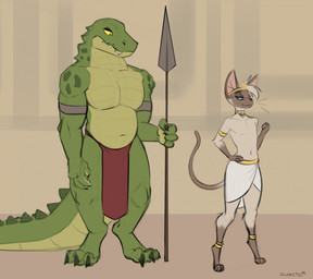anthro biped black_eyes blue_sclera bottomwear casual_nudity clothed clothing digitigrade duo egyptian featureless_chest front_view green_body holding_melee_weapon holding_object holding_polearm holding_spear holding_weapon loincloth looking_away male melee_weapon narrowed_eyes polearm pose public public_nudity royalty size_difference spear standing tan_body topless weapon yellow_sclera schmutzo ammot_(schmutzo) rami_(schmutzo) crocodile crocodilian domestic_cat felid feline felis mammal reptile scalie siamese_cat 2023 hi_res