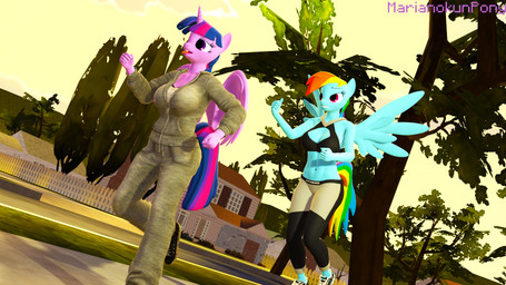 anthro anthrofied athletic_wear bottomwear bra breasts cleavage clothed clothing duo dutch_angle exercise exercise_clothing feathered_wings feathers female hair horn midriff multicolored_hair navel outside pants rainbow_hair running shorts sports_bra spread_wings sweatpants sweatshirt tight_clothing tongue tongue_out underwear wings marianokun friendship_is_magic hasbro my_little_pony mythology rainbow_dash_(mlp) twilight_sparkle_(mlp) equid equine mammal mythological_creature mythological_equine pegasus winged_unicorn 16:9 3d_(artwork) digital_media_(artwork) hi_res source_filmmaker_(artwork) widescreen
