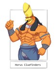 abs anthro beak biceps big_muscles big_pecs brown_eyebrows bulge clothed clothing crown eyebrows hair headgear looking_at_viewer male muscular muscular_anthro muscular_male nipples open_mouth orange_body pecs raised_arm shendyt smile solo text unrealrui egyptian_mythology middle_eastern_mythology mythology six_fanarts_challenge the_cluefinders horus horus_(the_cluefinders) avian deity 2023 digital_media_(artwork) english_text hi_res meme