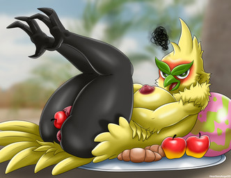 angry anthro anus apple beak big_breasts black_body black_eyes blurred_background bread breasts butt croissant crossed_arms feathers feet female food food_fetish food_on_plate food_play fruit genitals looking_at_viewer lying nipples nude on_back open_mouth pastry plant plate pokemorph solo talons toes tongue vulva white_sclera yellow_body yellow_feathers heartlessangel3d nintendo pokemon browt generation_10_pokemon pokemon_(species) 2026 absurd_res hi_res