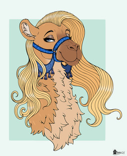 blonde_hair bridle female feral fur hair half-closed_eyes inner_ear_fluff looking_at_viewer mouth_closed narrowed_eyes smile smiling_at_viewer solo tassels tuft marcushunter jewel_(marcushunter) camel camelid mammal 2025 headshot_portrait portrait signature