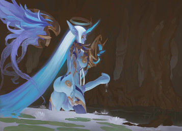 animal_genitalia animal_genitalia_on_humanoid animal_penis anthro balls big_balls big_flare big_penis blue_body blue_hair bodily_fluids breasts butt clothing cum equine_genitalia equine_penis flared_penis forest genital_fluids genitals glowing glowing_hair gynomorph hair halo horn huge_balls huge_flare huge_penis intersex legwear lily_pad long_ears long_hair partially_submerged penis plant pointy_ears red_eyes shoulder_blades smile solo staff swamp thigh_highs tree water santafire league_of_legends riot_games tencent dawnbringer_soraka_(lol) soraka animal_humanoid horned_humanoid humanoid mammal mammal_humanoid hi_res