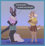 ambiguous_gender anthro antlers barefoot blue_eyes blush bottomwear brown_hooves brown_nose clothed clothing denim denim_bottomwear denim_clothing denim_shorts dialogue digitigrade duo ear_piercing ears_down embarrassed fangs feet fingers fully_clothed hooved_fingers hooves horn index_to_index male male/ambiguous multicolored_eyes open_mouth open_smile pantsless piercing pink_blush pink_clothing pink_shirt pink_t-shirt pink_topwear pivoted_ears plaid_boxers purple_eyes purple_inner_ear purple_nose purple_tongue ruff shirt shorts shy smile snout speech_bubble standing t-shirt tail tail_tuft tan_antlers tan_inner_ear teeth tenting text tongue topwear tuft two_tone_eyes unguligrade yellow_clothing yellow_shirt yellow_t-shirt yellow_topwear dyyrlysh erin_(erinthebat) kristoffer_everglade bat deer mammal new_world_deer white-tailed_deer 2025 absurd_res digital_drawing_(artwork) digital_media_(artwork) english_text hi_res trans_(lore) trans_woman_(lore)