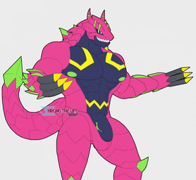 anthro barely_contained barely_contained_penis claws flaccid genitals humanoid_genitalia humanoid_penis male muscular muscular_anthro muscular_male pecs penis pink_body sharp_teeth solo teeth chronotheufo bandai_namco digimon armalizamon digimon_(species) scalie hi_res