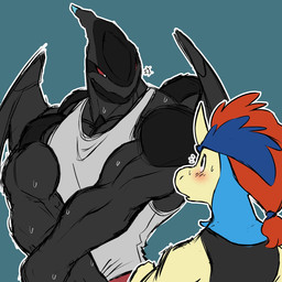 anthro blush bodily_fluids duo larger_male male male/male muscular muscular_anthro muscular_male removing_shirt shy size_difference smaller_male sweat undressing_self snomflakes nintendo pokemon equid equine generation_5_pokemon keldeo keldeo_(ordinary_form) legendary_pokemon mammal pokemon_(species) scalie zekrom 1:1 hi_res