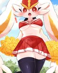 anthro big_breasts blush bottomwear breasts cheerleader cheerleader_outfit clothed clothing exclamation_point female fur legwear nipple_outline skirt solo white_body white_fur prrrrrrmine nintendo pokemon generation_8_pokemon gigantamax_cinderace gigantamax_pokemon pokemon_(species) 2023 4:5 hi_res