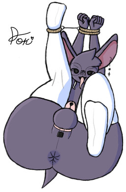 anthro anus bdsm big_butt big_ears bondage bound butt chastity_cage chastity_device clothing ear_piercing ear_ring eyewear feet footwear glasses legwear lock male piercing pink_chastity_cage presenting presenting_hindquarters purple_body ring_piercing rope round_glasses socks solid_chastity_cage solo tail thigh_highs tongue tongue_out wearing_chastity_cage wearing_chastity_device white_clothing white_footwear white_legwear white_socks white_thigh_highs pokipose poki_(pokipose) bat mammal absurd_res hi_res
