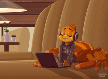 8_legs arthropod_abdomen booth_seating computer electronics eyelashes eyes_closed female flower furniture headphones laptop plant rose_(flower) smile solo sweatshirt table teeth text tooth_gap vase jayheartwing dreamworks the_bad_guys ms._tarantula_(the_bad_guys) arachnid arthropod mygalomorph spider tarantula taur 2025 artist_name hi_res signature url