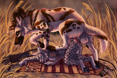 all_fours anal anal_penetration animal_genitalia animal_penis anthro anthro_on_feral anthro_penetrated arrow_(weapon) balls bestiality biped black_nose blue_eyes bodily_fluids bow_(weapon) brown_body brown_fur canine_genitalia canine_penis claws countershade_feet countershading cum cum_in_ass cum_inside doggystyle duo erection eyewear fangs feet feral feral_penetrating feral_penetrating_anthro from_behind_position fur genital_fluids genitals glasses knot larger_feral larger_male male male/male male_penetrated male_penetrating male_penetrating_male markings mount/rider_relations mounting nude open_mouth outside pawpads paws penetration penile penile_penetration penis penis_in_ass pink_nose quadruped quiver_(object) ranged_weapon red_markings sex sheath size_difference smaller_anthro smaller_male smaller_penetrated spots spotted_body spotted_fur teeth tongue tongue_out weapon whiskers white_body white_fur heatherwolf alli_(brunalli) synx_(synxthelynx) african_wild_dog canid canine felid feline lynx mammal 2021 digital_media_(artwork) hi_res