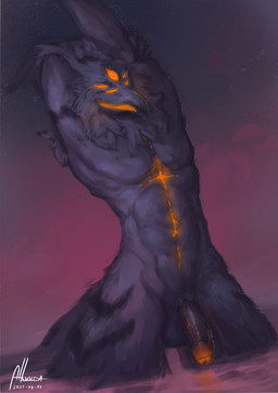abs anthro beak black_penis flaccid forehead_eye foreskin genitals glowing glowing_eyes glowing_genitalia glowing_mouth glowing_penis hands_above_head hands_behind_head holding_arm humanoid_genitalia humanoid_penis looking_at_viewer looking_down looking_down_at_viewer male markings multi_eye muscular nude partially_submerged pecs penis pose sky smug_expression solo standing standing_in_water water alkuuda alkuuda_(character) alkuuda_(demonform) avian bird demon owl 2025 dated hi_res signature