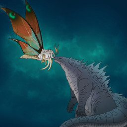 ambiguous_gender blue_eyes boop duo feral flying nuzzling outside simple_background smile tail mutil8tor godzilla_(series) monsterverse mothra_(series) toho godzilla mothra arthropod insect kaiju lepidopteran moth reptile scalie
