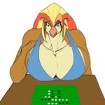 beak blonde_hair board_game breasts cleavage clothed clothing curl female furniture green_eyes hair hand_on_chest long_hair red_hair reversei smile solo table kosmonius third-party_edit nintendo pokemon rosa_pyle avian bird generation_1_pokemon pidgeot pokemon_(species) flat_colors half-length_portrait hi_res portrait