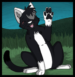 ambiguous_gender black_body black_border black_fur black_pawpads black_whiskers blue_sky border detailed_background digitigrade eye_scar eyebrows eyes_closed facial_scar feral fur grass grey_highlights grey_inner_ear_fluff hair hair_over_eye highlights_(coloring) inner_ear_fluff one_eye_obstructed open_mouth open_smile outside pawpads paws pink_tongue plant raised_paw scar sitting sky smile solo tail teeth tongue toony tuft whiskers white_body white_ears white_fur white_nose sebdoggo domestic_cat felid feline felis mammal 2011 aliasing cel_shading digital_drawing_(artwork) digital_media_(artwork) full-length_portrait low_res microsoft_paint_(artwork) portrait shaded