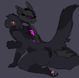 3_eyes 4_fingers anthro black_body black_fur duo eyewear eyewear_on_head fingers fur goggles goggles_on_face goggles_on_head grey_background grey_body grey_fur hand_on_butt interspecies male male/male multi_eye narrowed_eyes night_vision_goggles pawpads pink_pawpads purple_eyes purple_stripes red_sclera simple_background stripes yellow_eyes centiwing_134 kaiju_paradise felid gootraxian lizard mammal nightcrawler_gootraxian panther_gootraxian pantherine reptile scalie hi_res