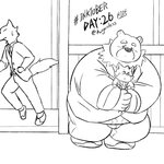 1:1 2020 anthro bear blush bottomwear canid canine carrying_another clothing english_text group hi_res inktober inktober_2020 k_gutless kemono male mammal monochrome overweight overweight_male pants shirt text topwear