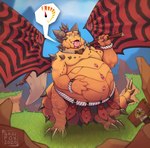 activision anthro belly big_belly bloated bottomwear bracelet claws clothing dragon hi_res jewelry loincloth magnus_(spyro) male mythological_creature mythological_scalie mythology necklace open_mouth outside overweight overweight_anthro overweight_male rescued_dragons_(spyro) scales scalie skaifox solo speech_bubble spyro_reignited_trilogy spyro_the_dragon standing tail teeth tongue tongue_out wings