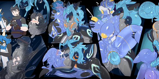 2_penises antenna_wire anthro bite black_body black_fur blue_body blue_eyes blue_fur blue_hair blue_penis bodily_fluids breasts cum cum_drip cum_in_mouth cum_in_vagina cum_inside cum_on_breasts cum_on_face cum_on_penis dripping ejaculation fur genital_fluids genitals goo_transformation grey_body hair heart_symbol herm horn intersex kissing lactating lactating_during_sex lifting male multi_genitalia multi_penis nipples orange_body penis purple_body shoulder_bite smile speech_bubble teeth_showing transformation white_body white_fur yellow_eyes yellow_nipples mxl human humanoid mammal hi_res
