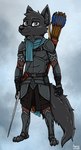 anthro armor black_body black_fur blade fur grey_eyes male melee_weapon scarf solo sword weapon ziegelzeig bad_guy_cafe luckyz_(moonmoon) canid canine canis mammal wolf