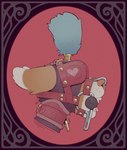 ambiguous_gender anthro art_nouveau bdsm bit_gag blinders bondage border bound brown_body brown_fur collar eyewear fur gag hood nose_hook ornate_border petplay plume ponyplay red_background roleplay simple_background solo teeth skidoo canid canine mammal absurd_res hi_res