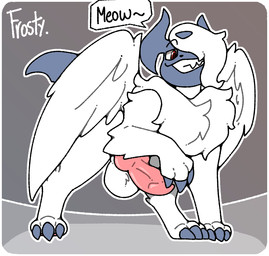 3_toes animal_genitalia animal_penis balls bedroom_eyes big_penis canine_genitalia canine_penis chest_fur claws digitigrade erection fangs feet feral finger_claws fluffy fur genitals knot knotted_penis looking_at_viewer male narrowed_eyes penis quadruped raised_leg red_eyes seductive simple_background solo speech_bubble teeth toe_claws toes white_body white_fur wings frostyvee_01 nintendo pokemon alex_(ah095) generation_6_pokemon mega_absol mega_evolution pokemon_(species) hi_res