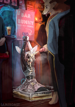 anthro bar bdsm biped black_body black_fur bodily_fluids bondage bottomwear bound bubble clothing cotton_tail crop_top drunk drunk_bubble erection female fur genital_fluids genitals group hair hands_above_head hands_tied humanoid_genitalia humanoid_penis kneeling male multicolored_body multicolored_fur open_mouth open_smile peeing peeing_on_face penis public_use purple_eyes shirt skirt smile substance_intoxication text tongue tongue_out topwear two_tone_body two_tone_fur urine urine_in_container urine_in_mouth urine_on_clothing urine_on_face urine_pool urine_stream watersports wet wet_clothing white_body white_fur white_hair lameboast canid canine lagomorph leporid mammal rabbit 2025 digital_media_(artwork) english_text hi_res
