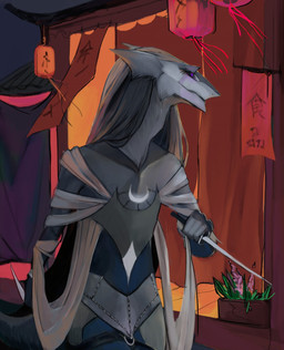 ambiguous_gender anthro bedding black_sclera blanket bottomwear cheek_tuft clothing countershading dagger detailed_background facial_tuft fur grey_body grey_bottomwear grey_clothing grey_fur grey_topwear holding_dagger holding_melee_weapon holding_object holding_weapon lamp lantern light_body melee_weapon outside plant purple_eyes solo topwear tuft weapon akrolayn mammal sergal 2019 digital_media_(artwork) digital_painting_(artwork) hi_res painting_(artwork)