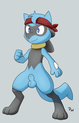 3_toes 4_fingers accessory animal_genitalia anthro balls biped black_body black_fur blue_balls blue_body blue_eyes blue_fur blue_tail closed_smile facial_markings feet fingers freckled_face freckles fully_sheathed fur genitals glistening glistening_eyes grey_background head_markings headband logo male male_anthro markings mask_(marking) mouth_closed multicolored_body multicolored_fur nude nude_anthro nude_male red_headband sheath simple_background smile solo standing tail toes two_tone_body two_tone_fur young young_anthro young_male darkwolf79 nintendo pokemon canid canine generation_4_pokemon mammal pokemon_(species) riolu 2026 artist_logo digital_media_(artwork) hi_res