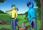 anthro axe bottomwear clothed clothing denim denim_bottomwear denim_clothing duo horn jeans male outside pants shirtless topless topless_male wood apocheck13 conditional_dnp hasbro my_little_pony mythology flash_gordon equid equine horse mammal mythological_creature mythological_equine pony unicorn hi_res