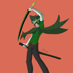 fur green_body green_fur katana male melee_weapon mewscarado_blanco one_eye_obstructed solo sword weapon gfoxhvqz nintendo pokemon generation_9_pokemon meowscarada pokemon_(species) 1:1 absurd_res hi_res